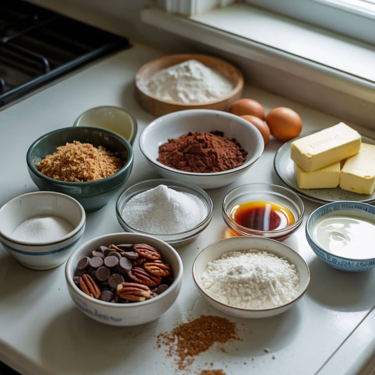 All ingredients for German Chocolate Cookies laid out on a white kitchen counter	
