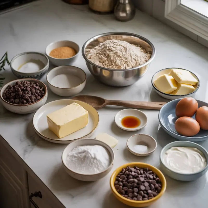 All cookie cake ingredients laid out on counter	