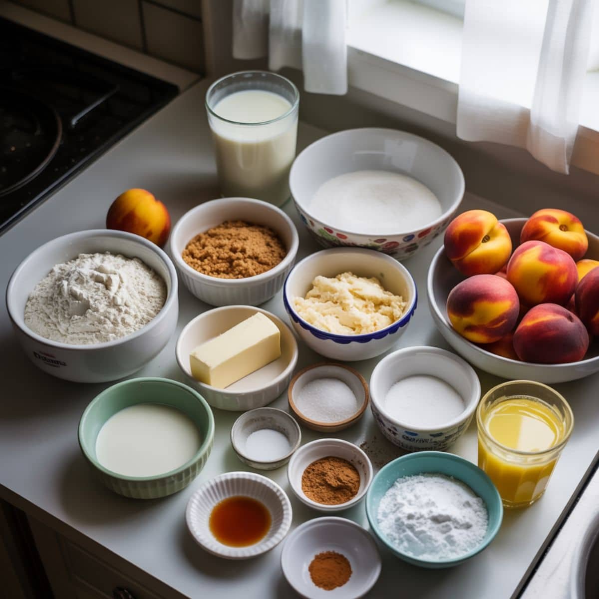 Measured ingredients for peach cookies on white kitchen counter	