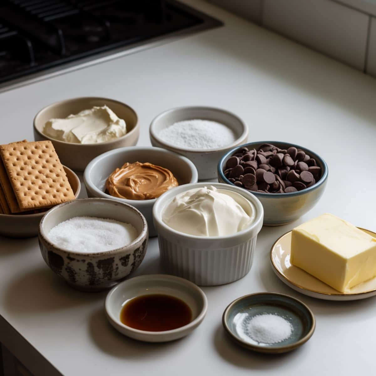 All ingredients for no bake peanut butter cheesecake laid out on a white counter	
