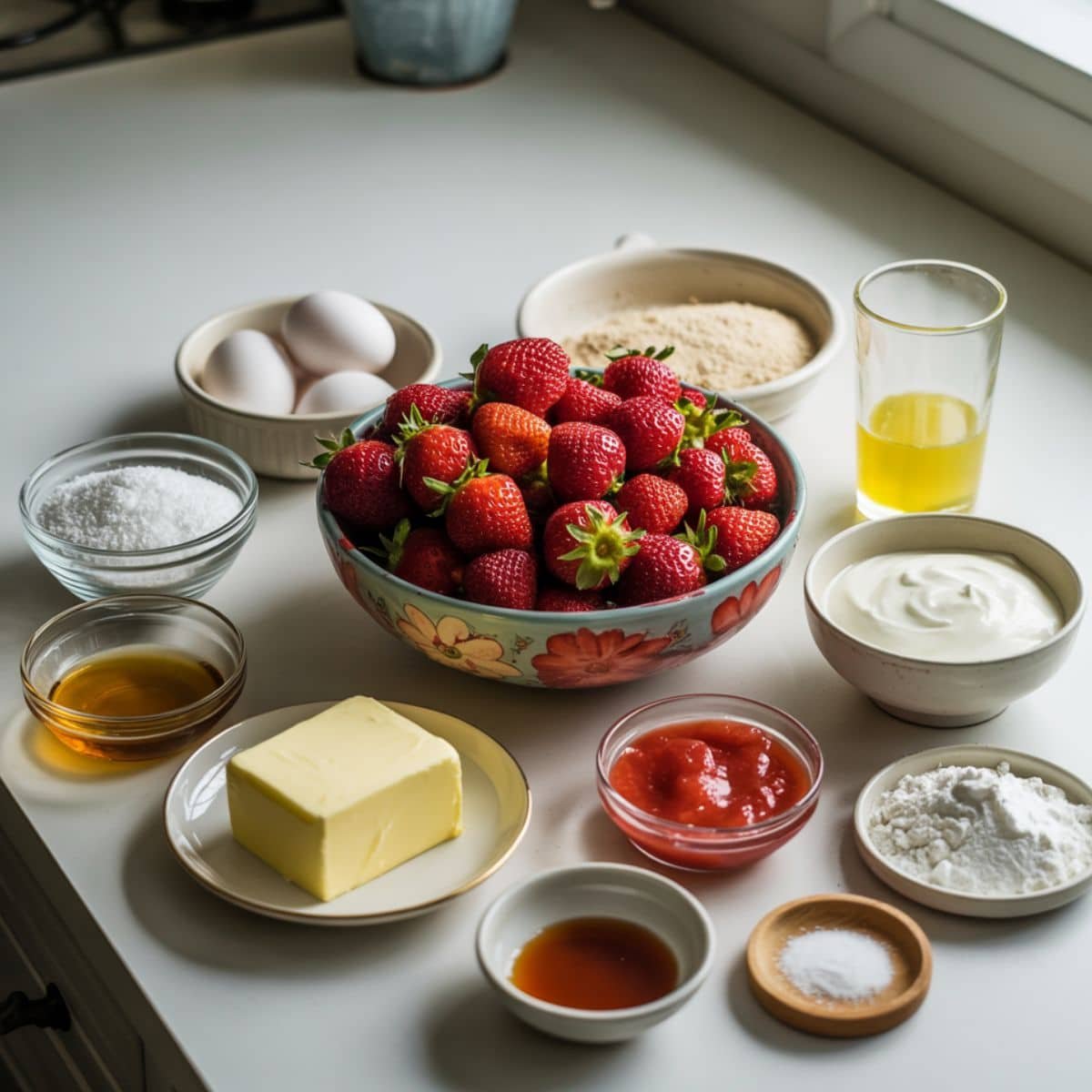 Flatlay of all strawberry pound cake ingredients on a white countertop	