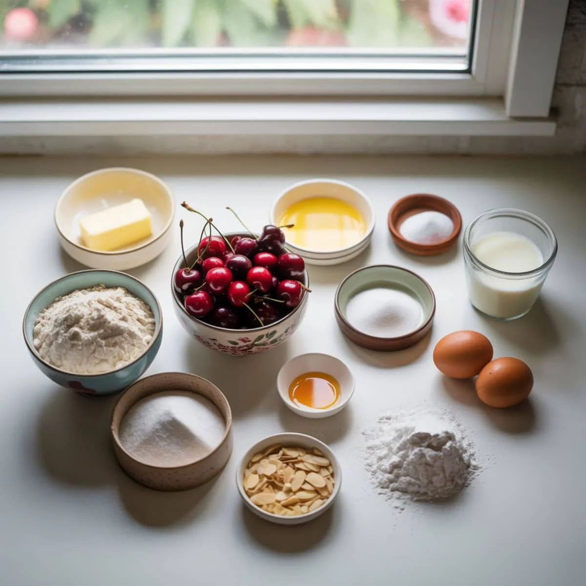 All cherry almond cake ingredients top-down	