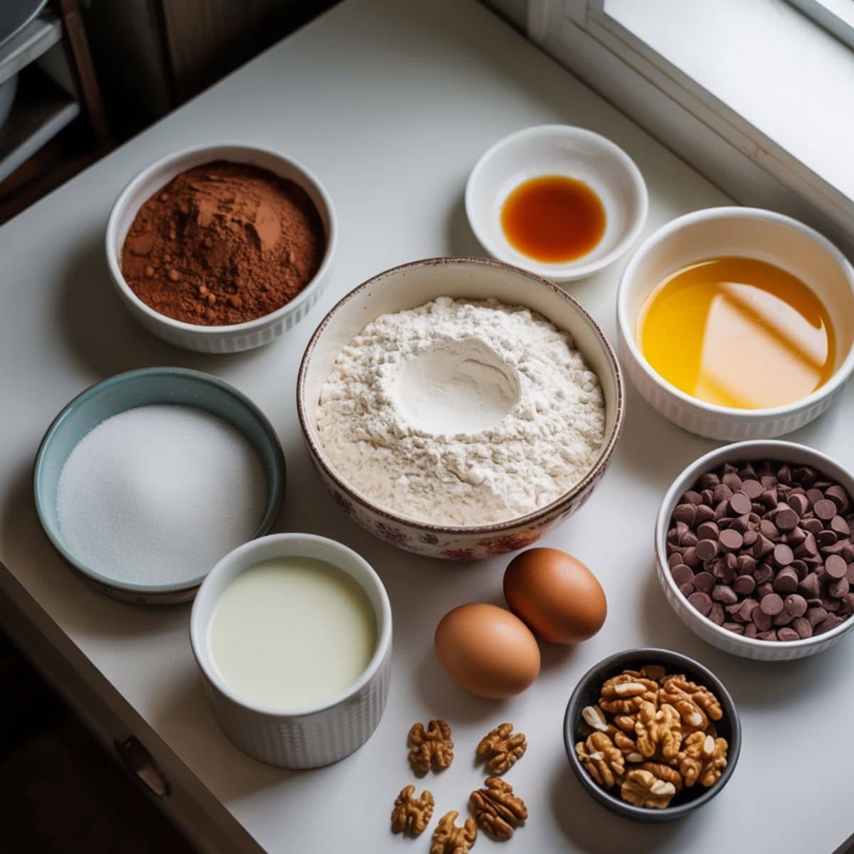 Brownie cake ingredients laid out on a kitchen counter	