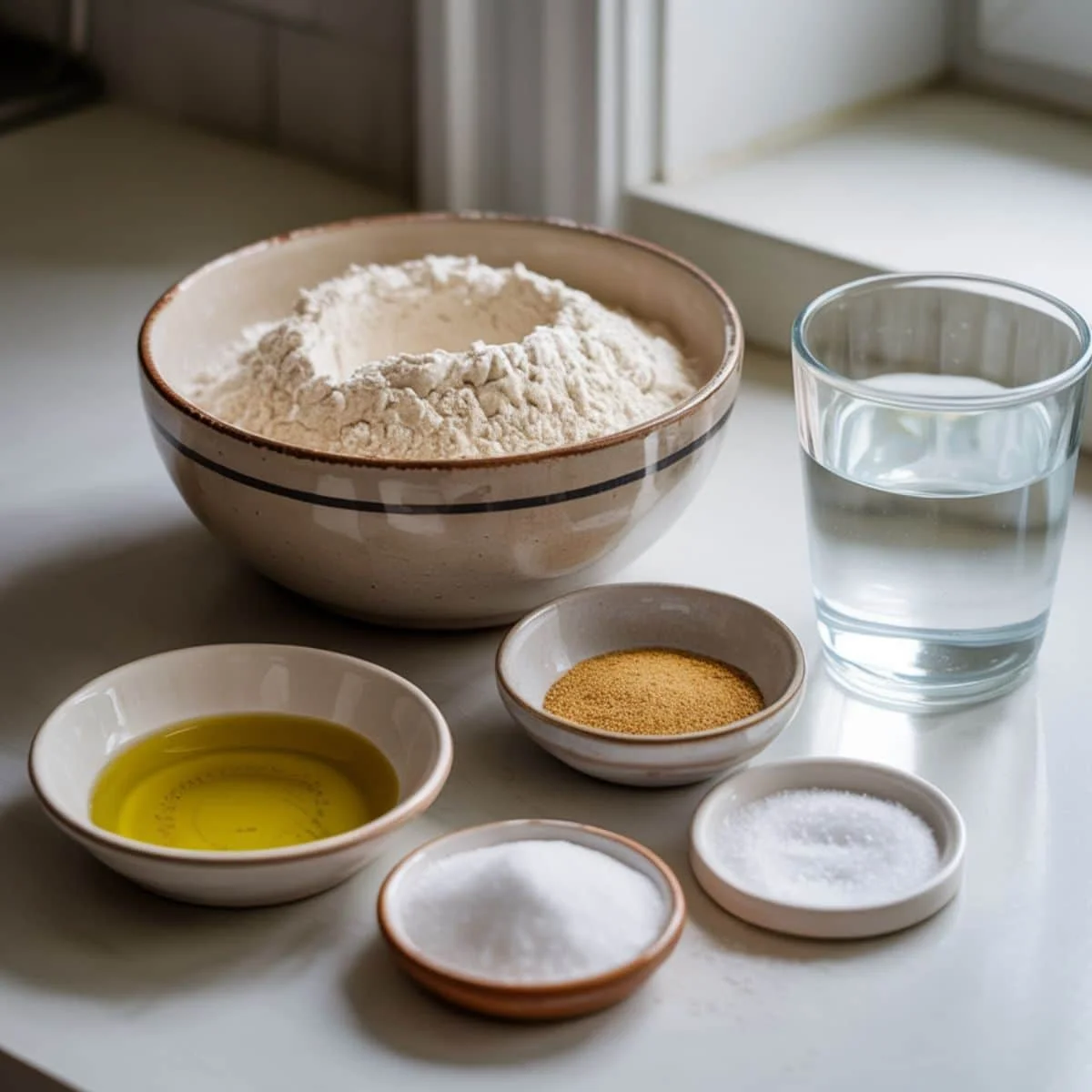 Ingredients for Italian bread laid out on white countertop: flour, yeast, salt, water, olive oil, sugar	