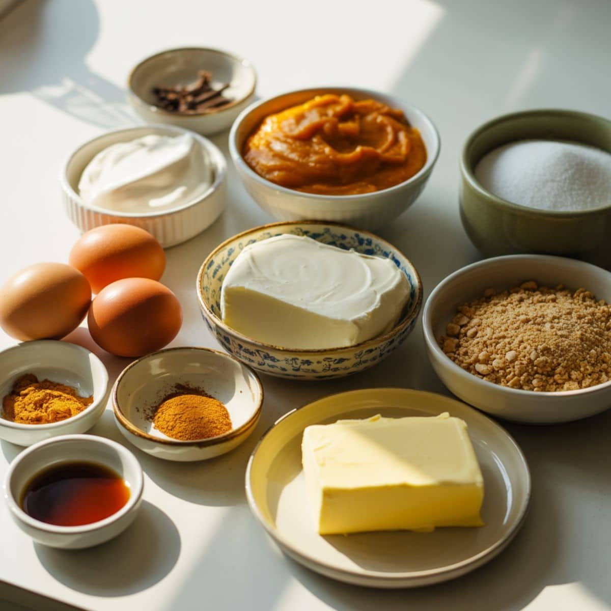 Top-down shot of pumpkin cheesecake ingredients arranged on a white kitchen counter	
