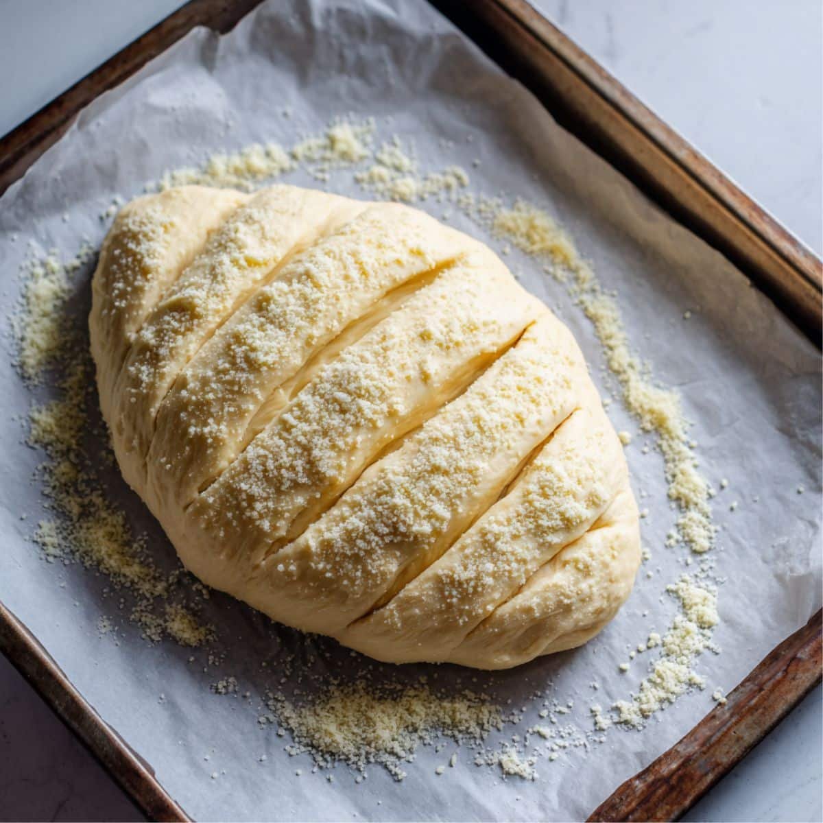 Shaped bread dough scored and ready to go into oven	