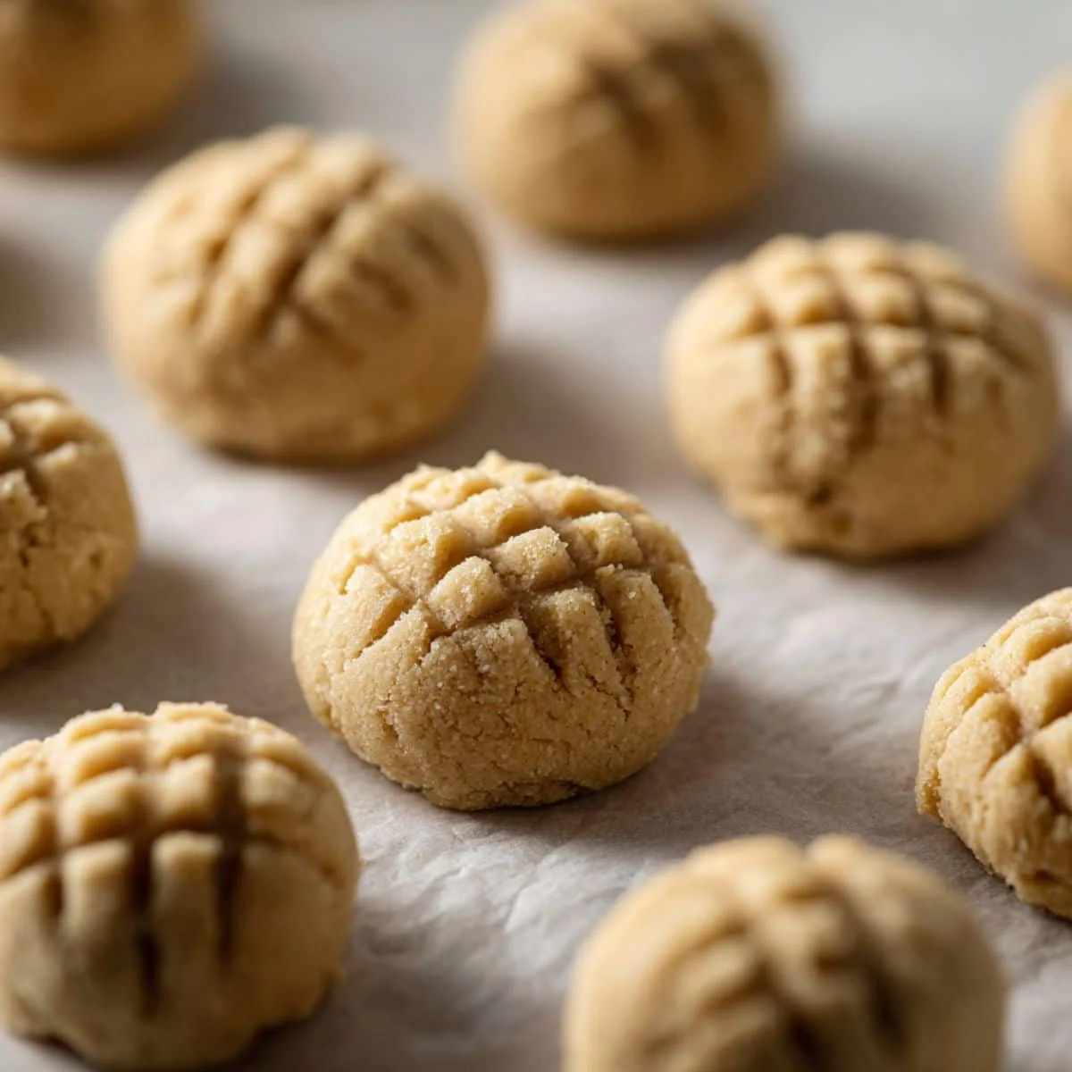 Cookie dough balls pressed with fork on a baking sheet	