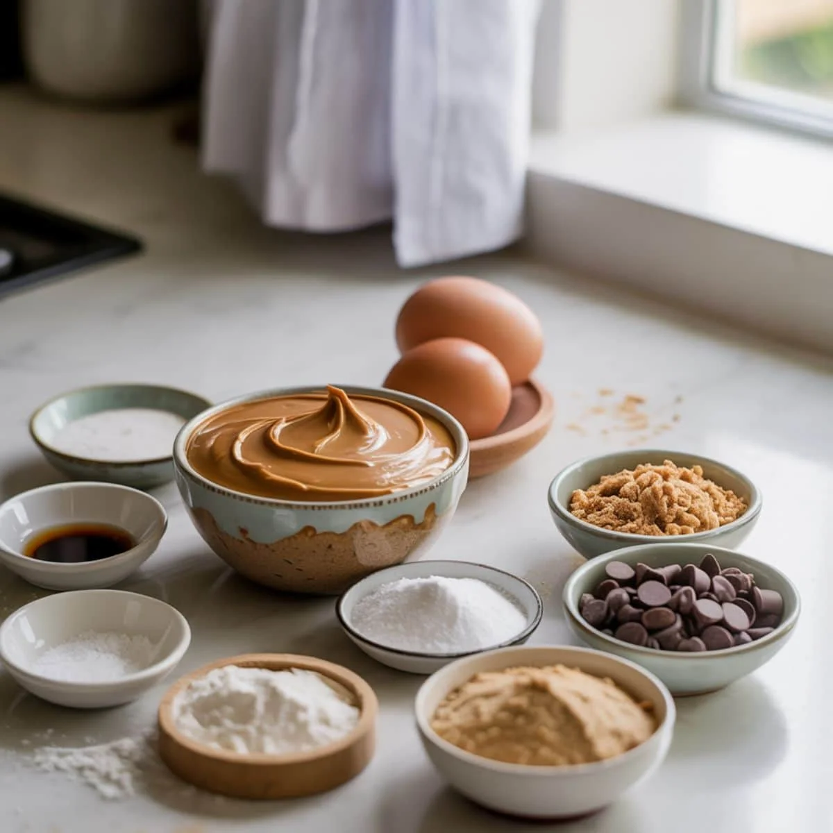All ingredients for keto peanut butter cookies measured on a counter	