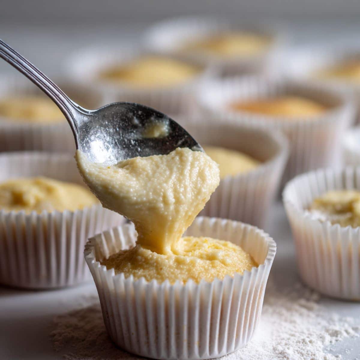 Cupcake batter being poured into yellow liners in muffin tin
