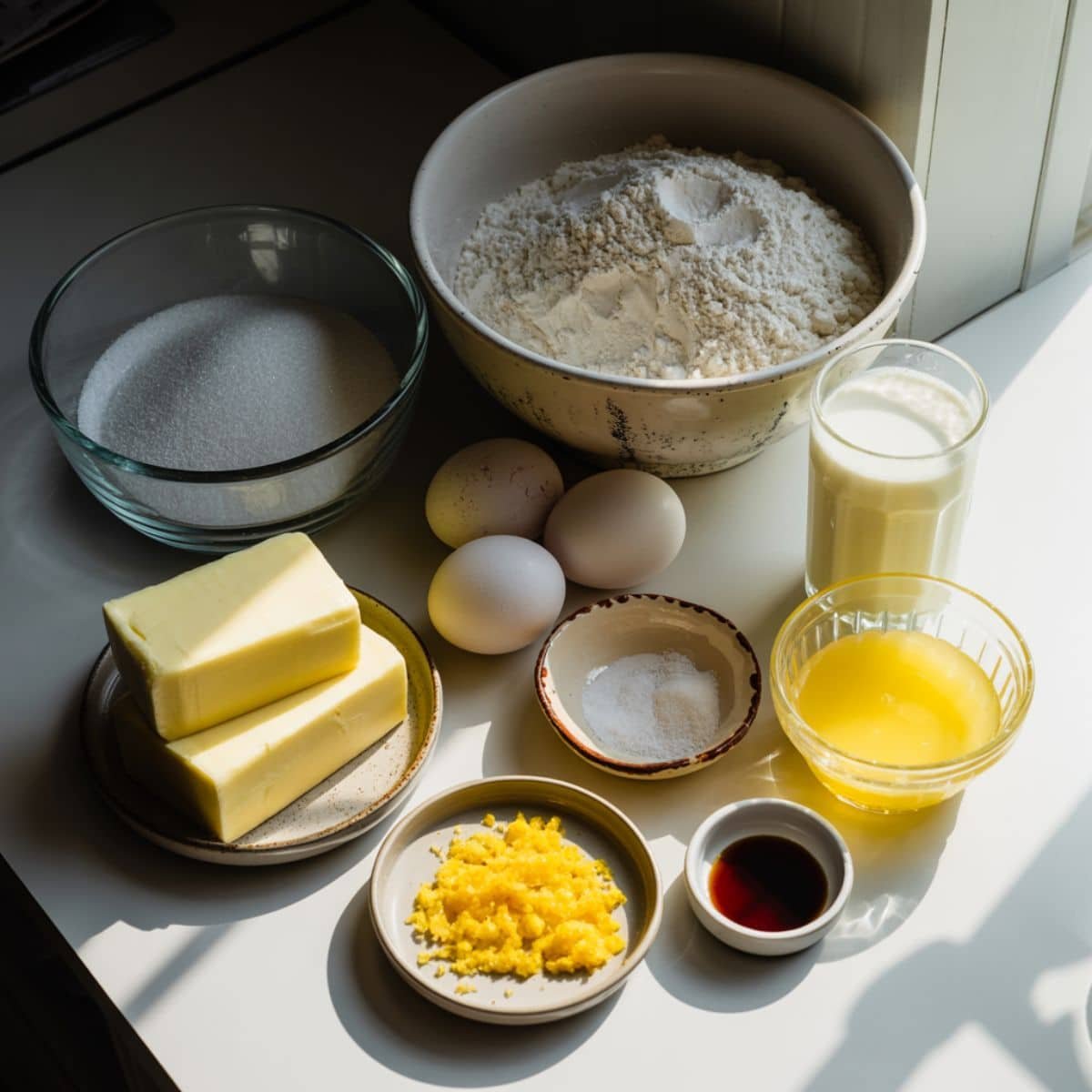Measured ingredients for lemon cupcakes laid out on a white counter
