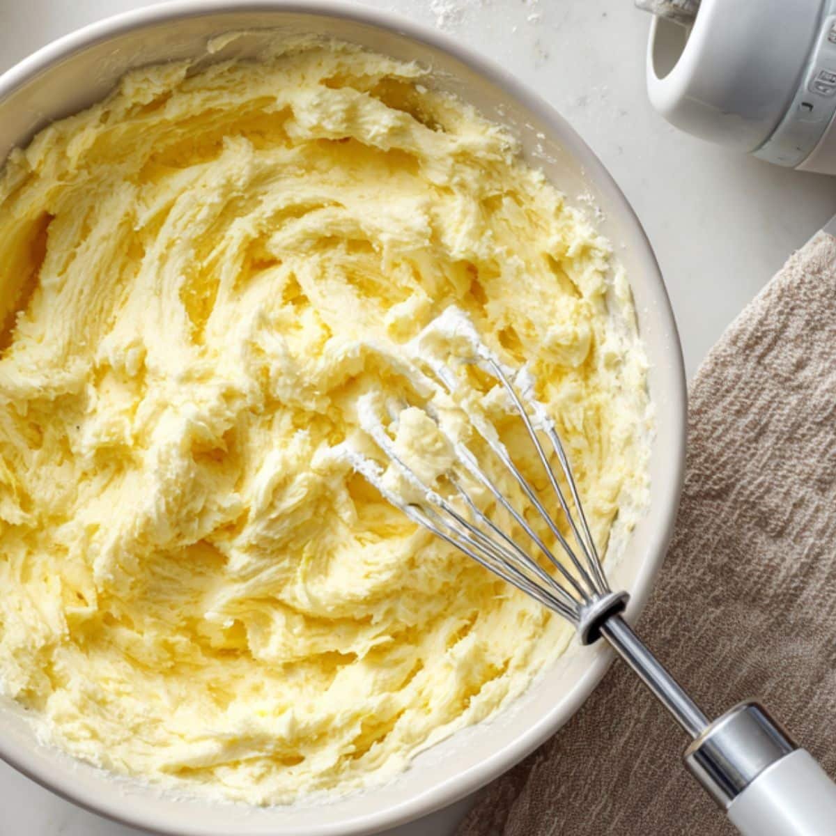 Butter and sugar being creamed in a bowl on a white counter

