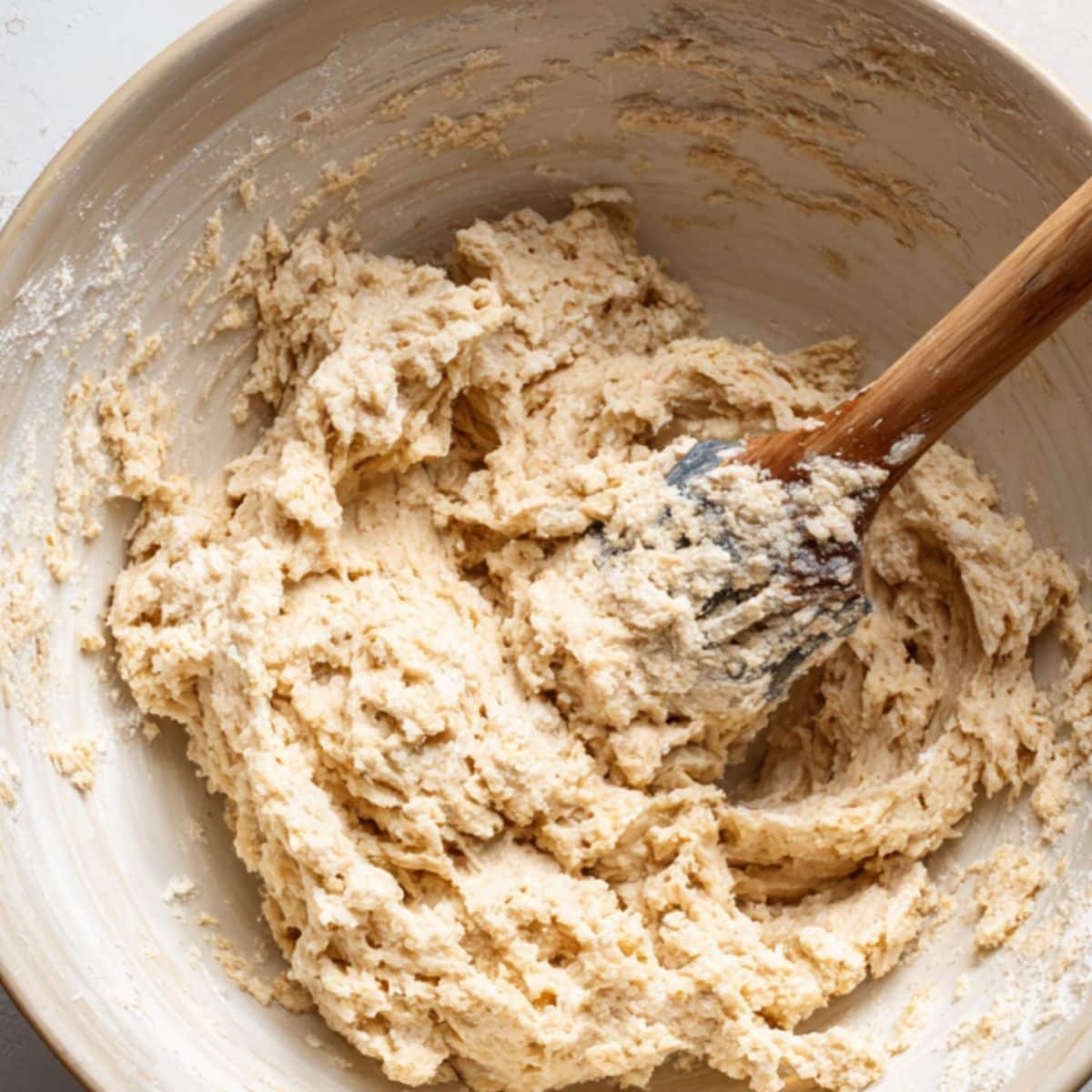 Sticky oat flour dough being kneaded by hand in a large bowl	