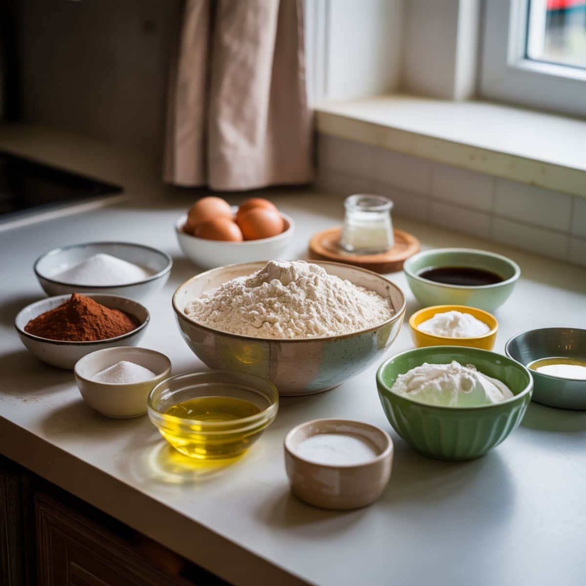 Top-down view of mocha chiffon cake ingredients measured in white bowls on kitchen counter	