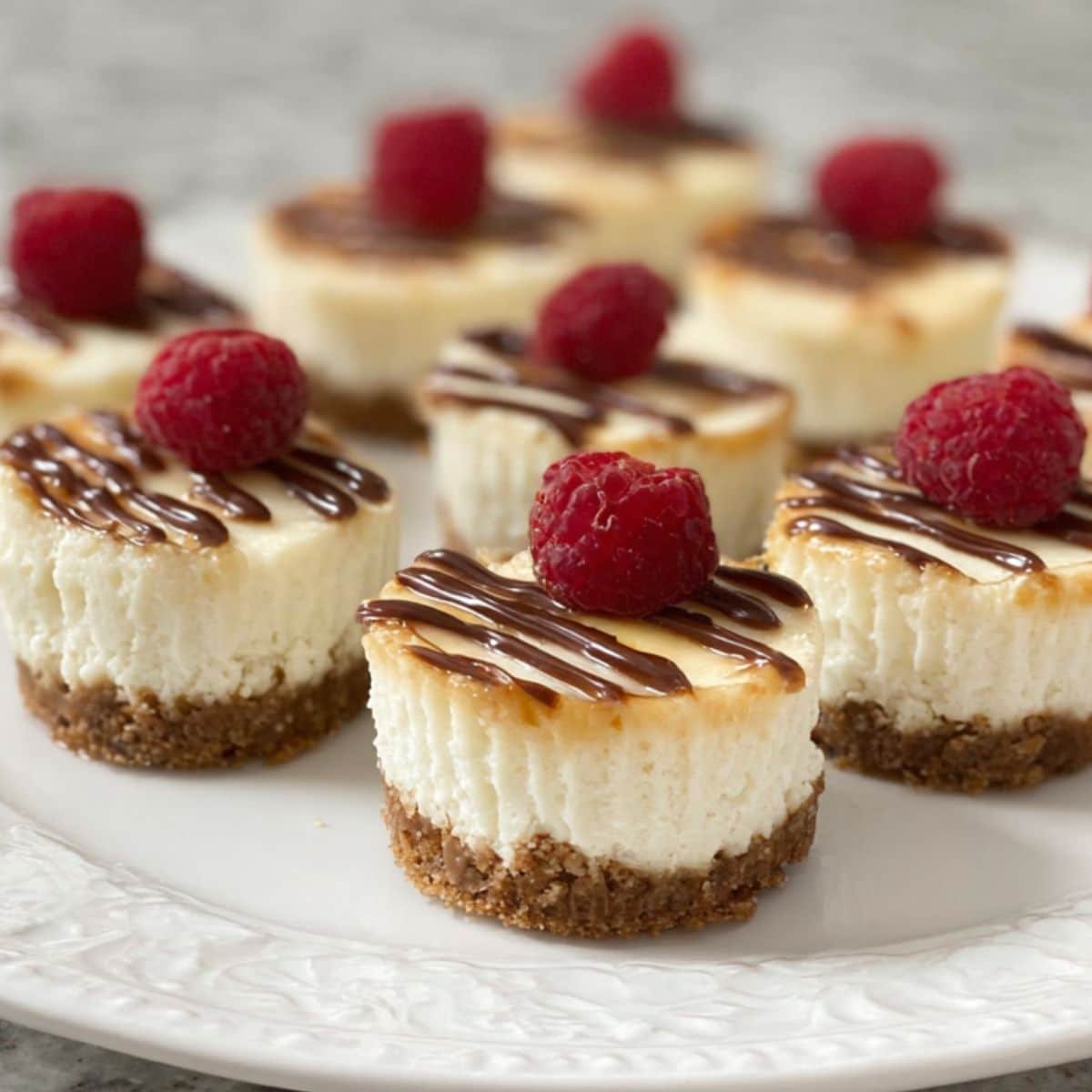 Plate of no bake cheesecake bites topped with fresh raspberries on a white kitchen counter