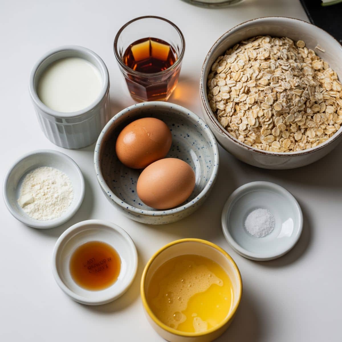 All ingredients laid out for oat flour pancakes on a white kitchen counter	