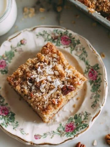 Slice of moist oatmeal cake recipe with coconut-pecan topping on floral plate