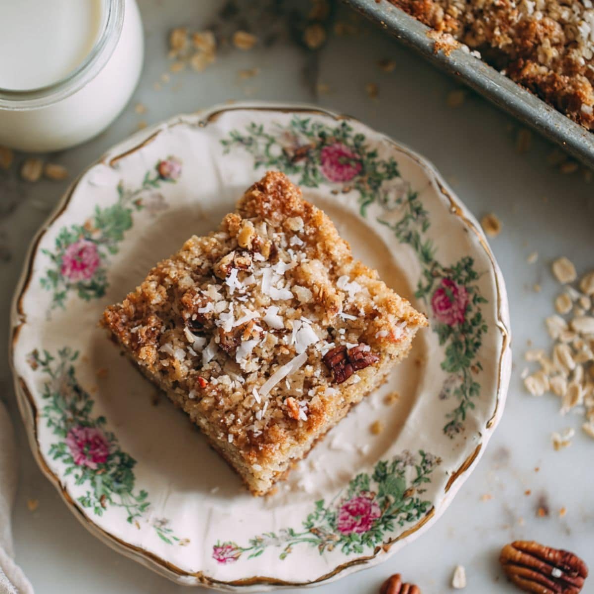 Slice of moist oatmeal cake with coconut-pecan topping on floral plate	