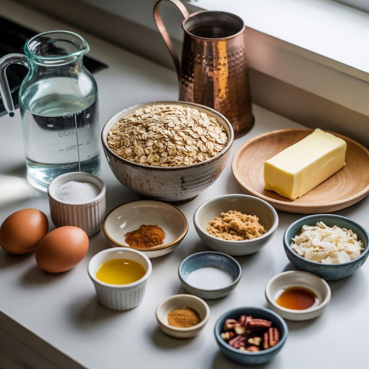 All measured ingredients for oatmeal cake laid out on white countertop	