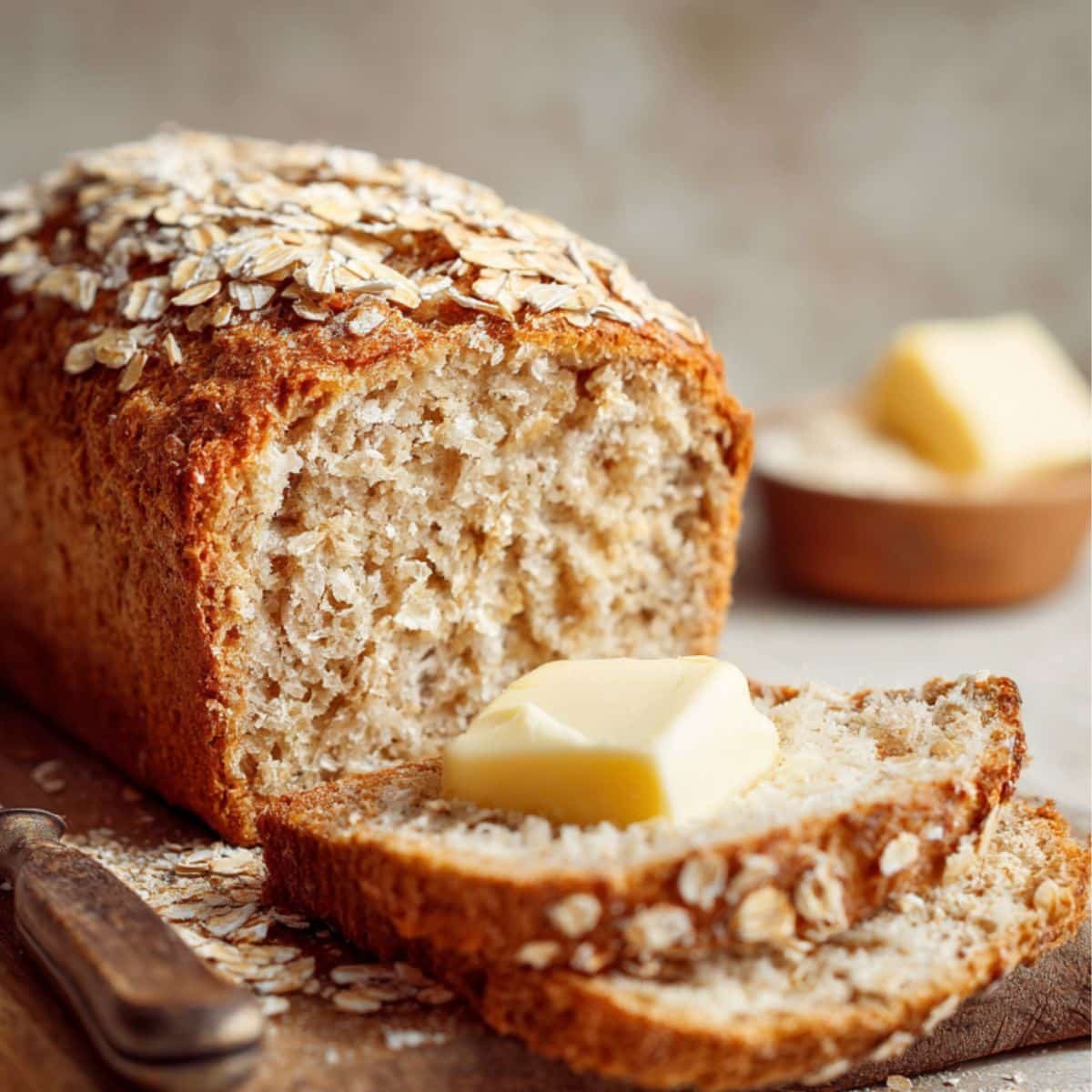 Slice of homemade oatmeal flour bread with butter on a wooden board	