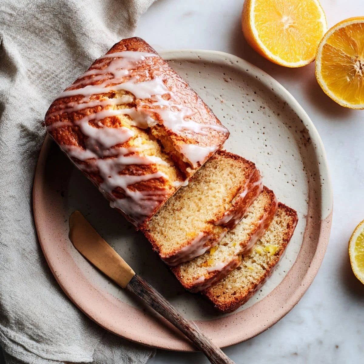 Homemade orange bread recipe with glaze cooling on white counter	