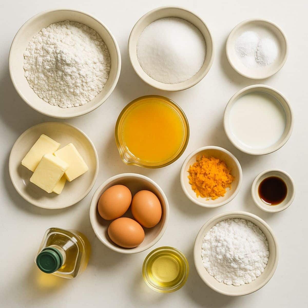 Ingredients for homemade orange bread on white surface	