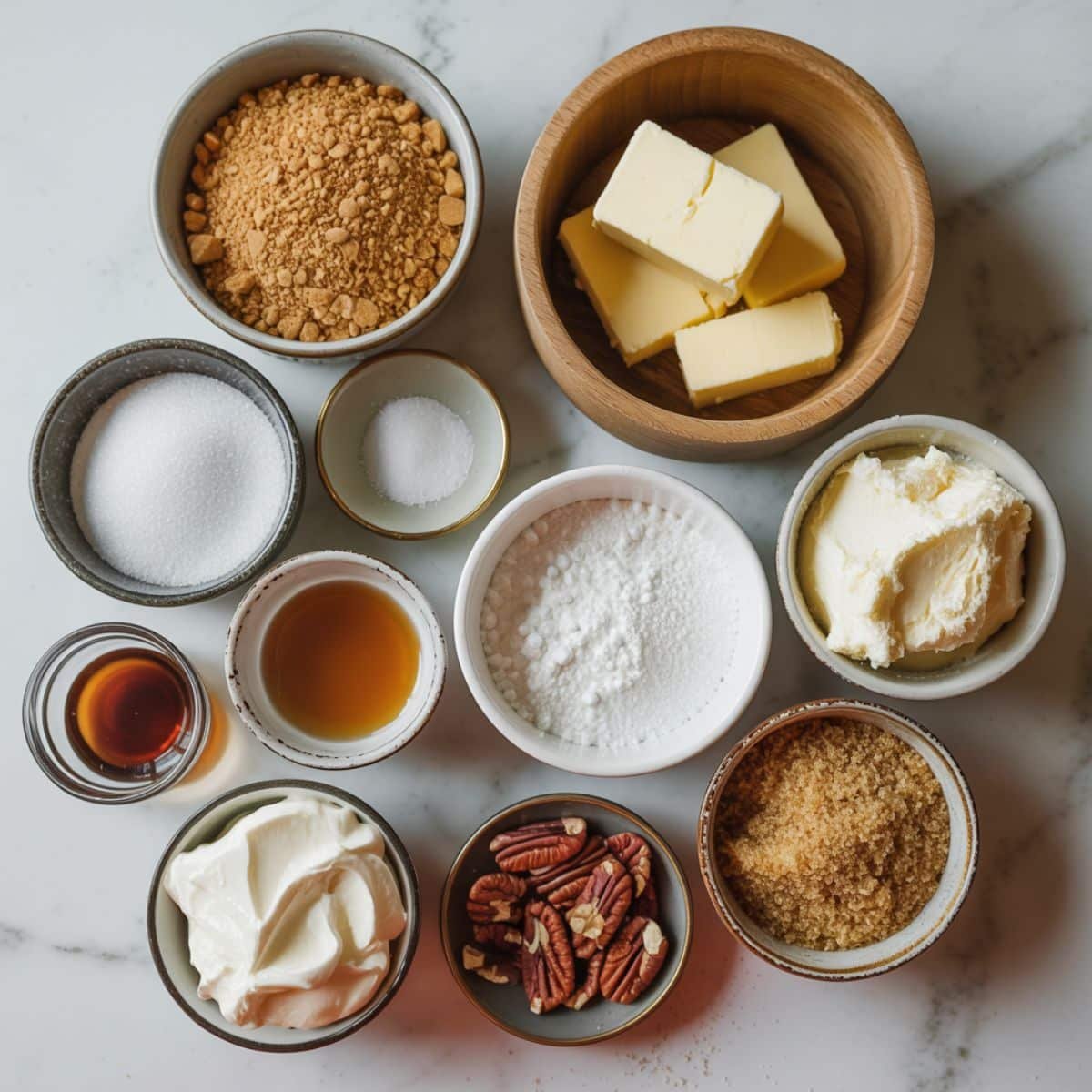 All ingredients for pecan cream pie laid out on a white kitchen counter