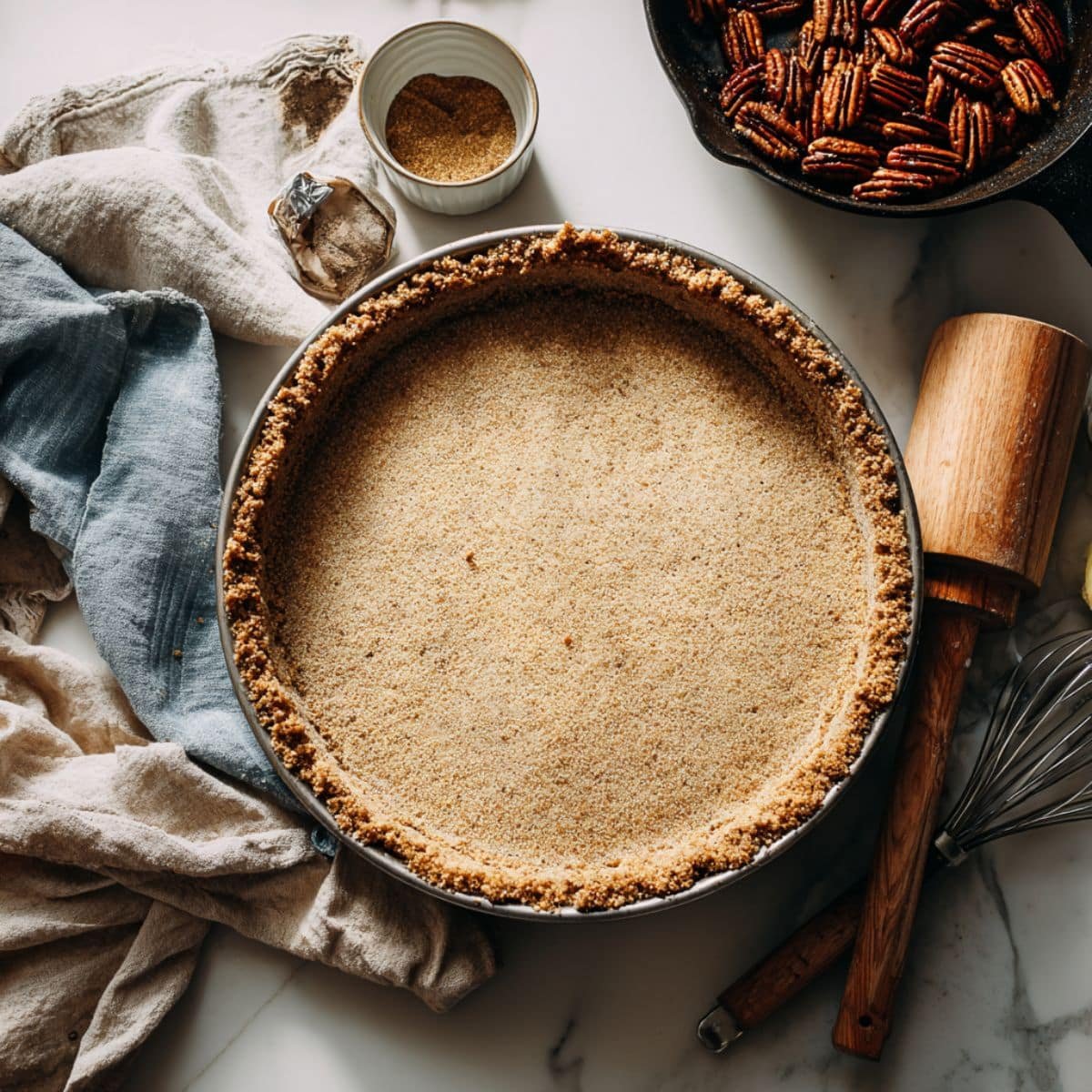 Graham cracker crust in pie pan and pecans being toasted on skillet	