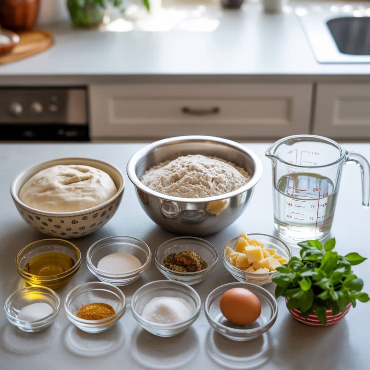 All ingredients for sourdough breadsticks arranged on a white counter	