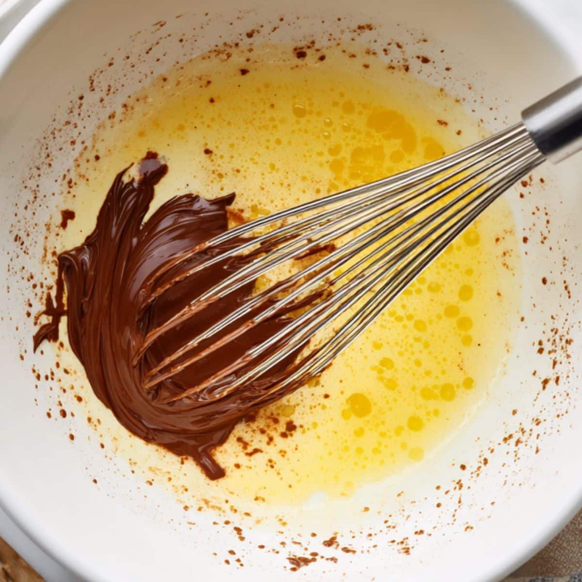 Whisking eggs and Nutella in a white bowl on a white kitchen counter	