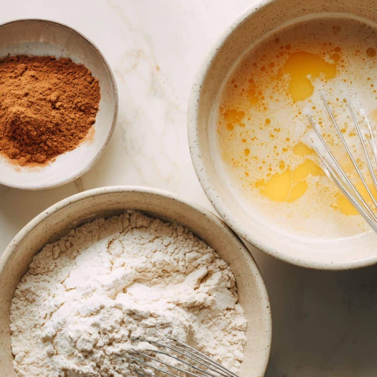Mixing wet and dry ingredients in bowls for cinnamon muffins	