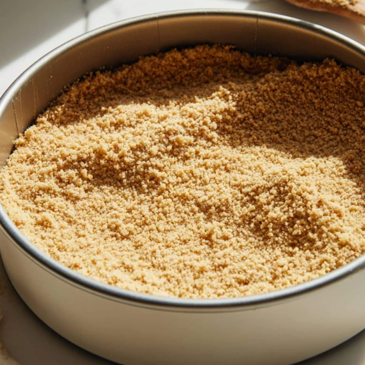 Graham cracker crust being pressed into pan	