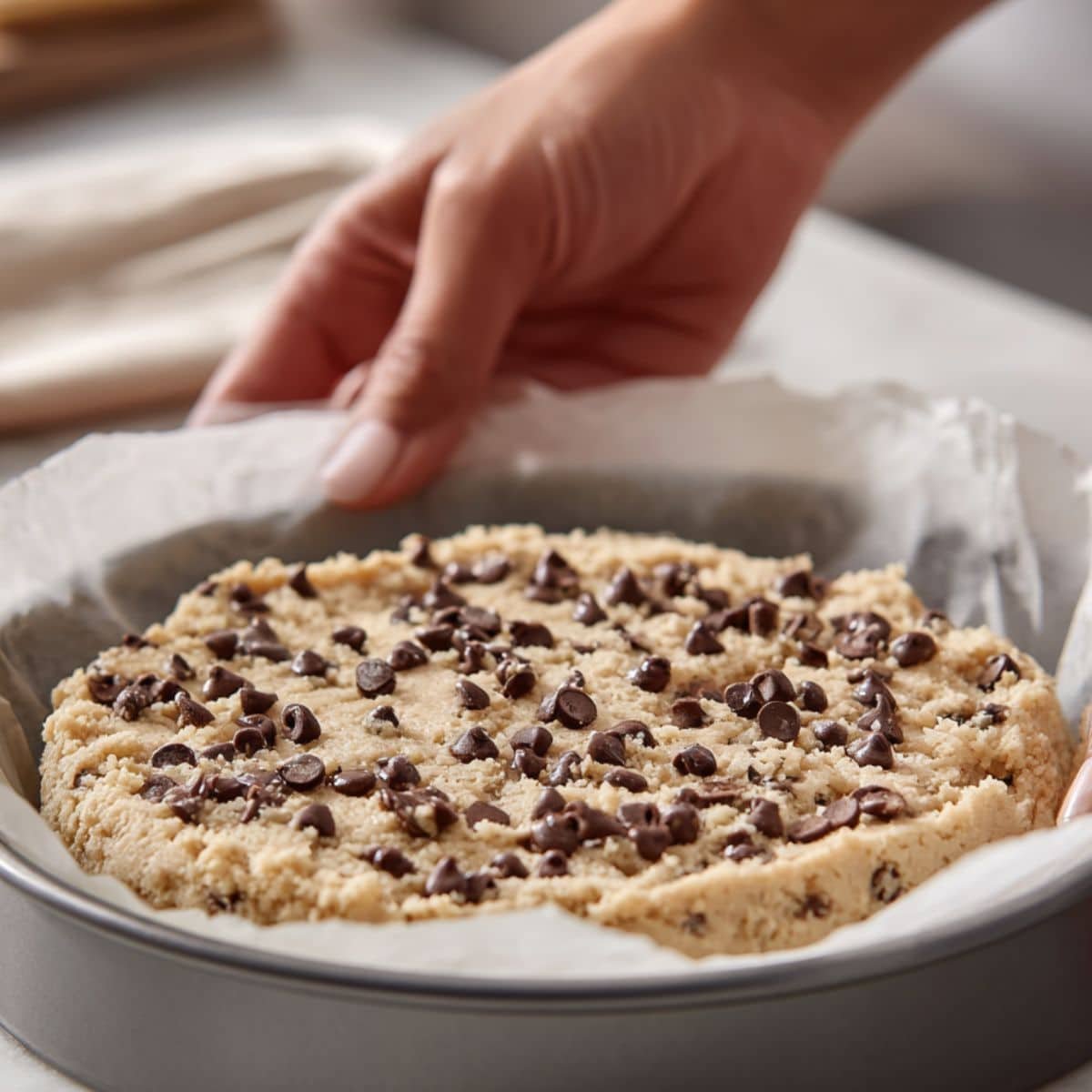 Cookie dough pressed in round pan before baking	