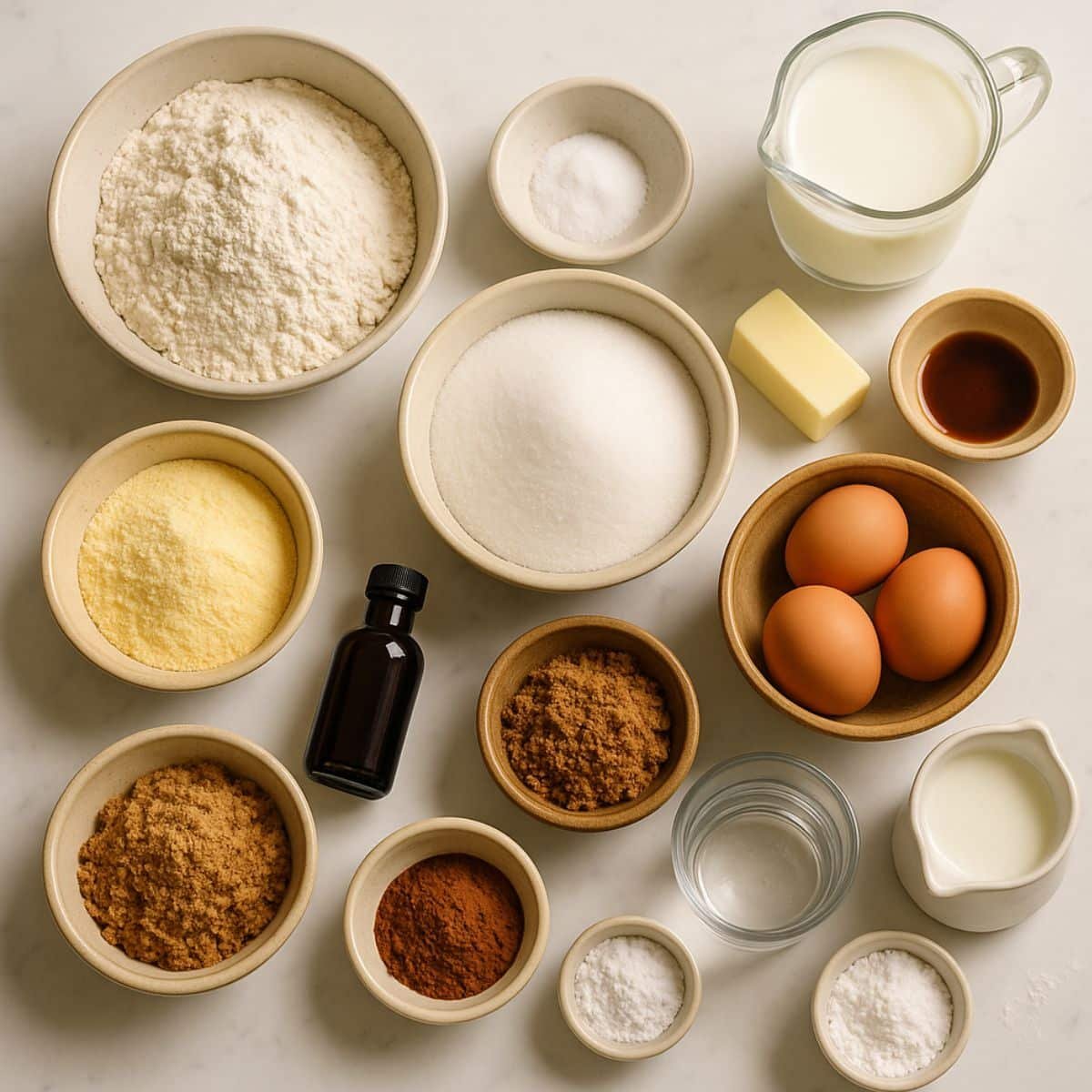 All pudding cake ingredients arranged on white counter	