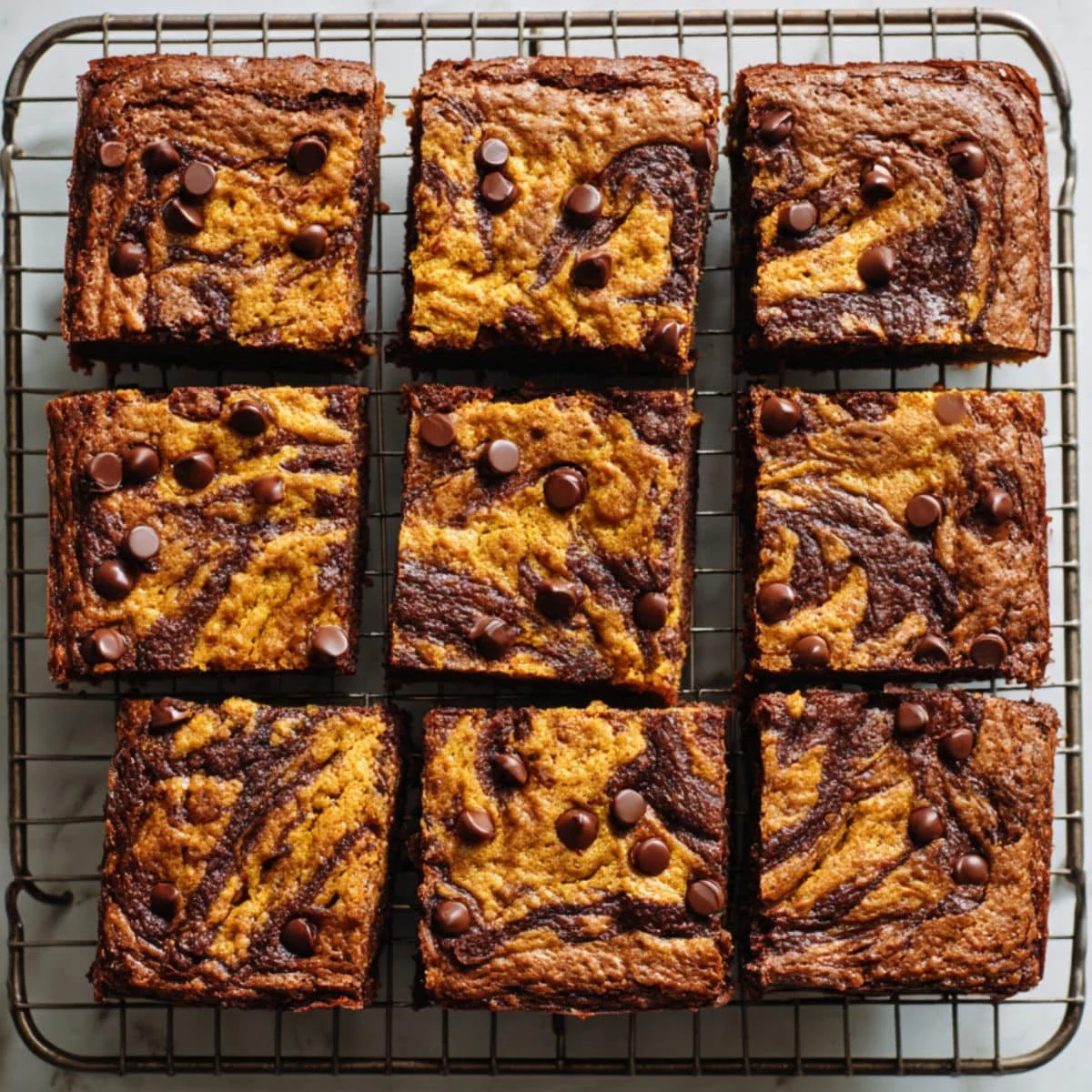 Baked pumpkin brownies cooling in the pan on a wire rack	