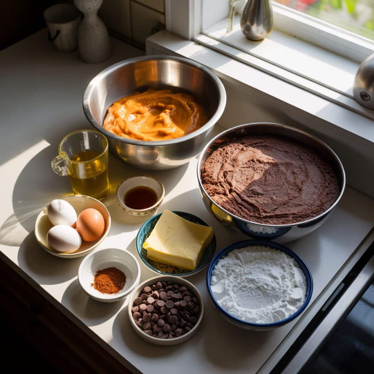 Pumpkin brownies ingredients on a white kitchen counter	