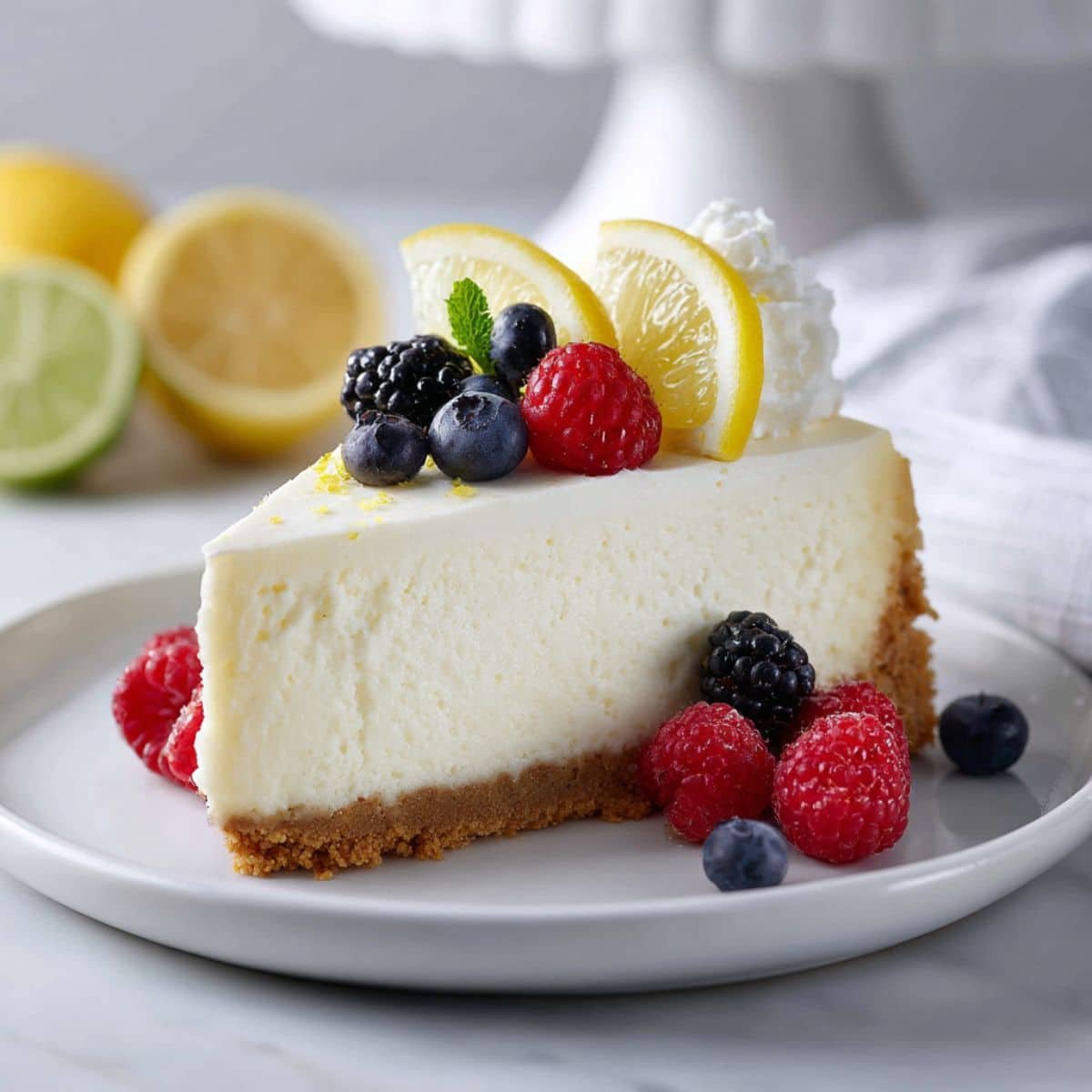 Slice of lemon-topped Ricotta Cheesecake No Bake on white stand	