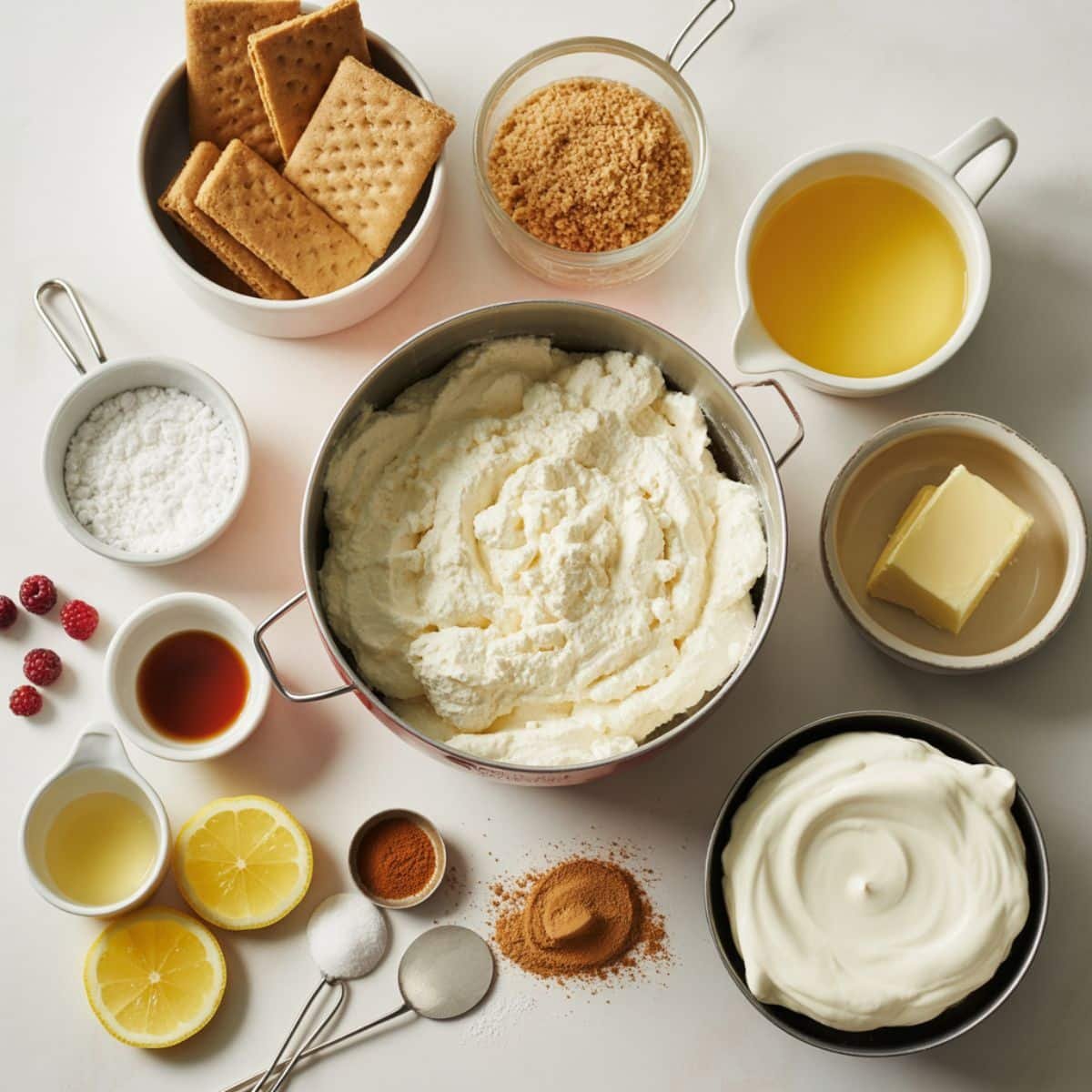 All measured ingredients for Ricotta Cheesecake No Bake laid out on a counter	