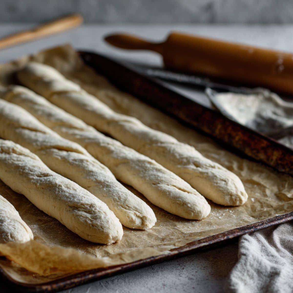Shaped sourdough breadsticks resting on parchment paper before baking	