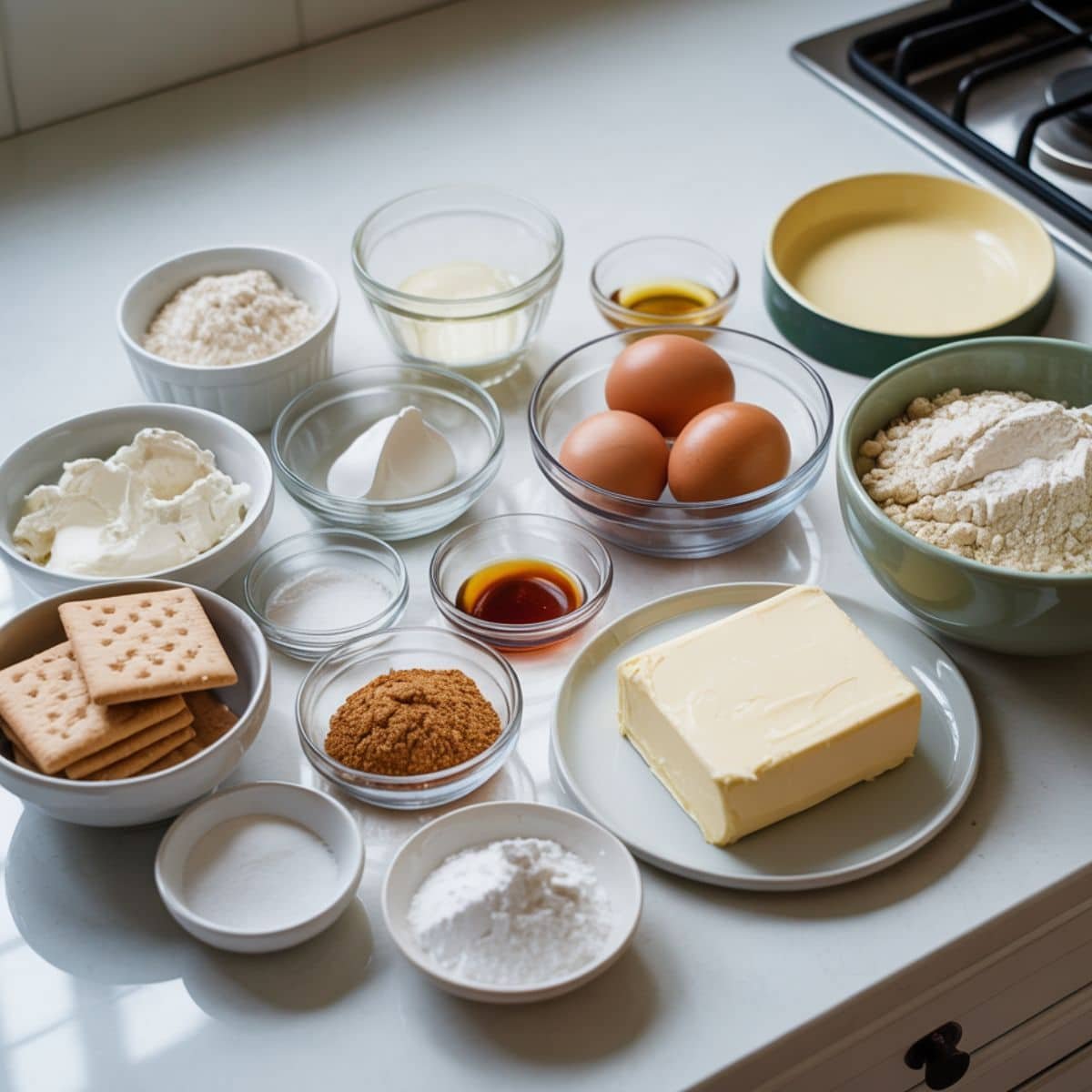 Ingredients for snickerdoodle cheesecake bars arranged on white kitchen counter	