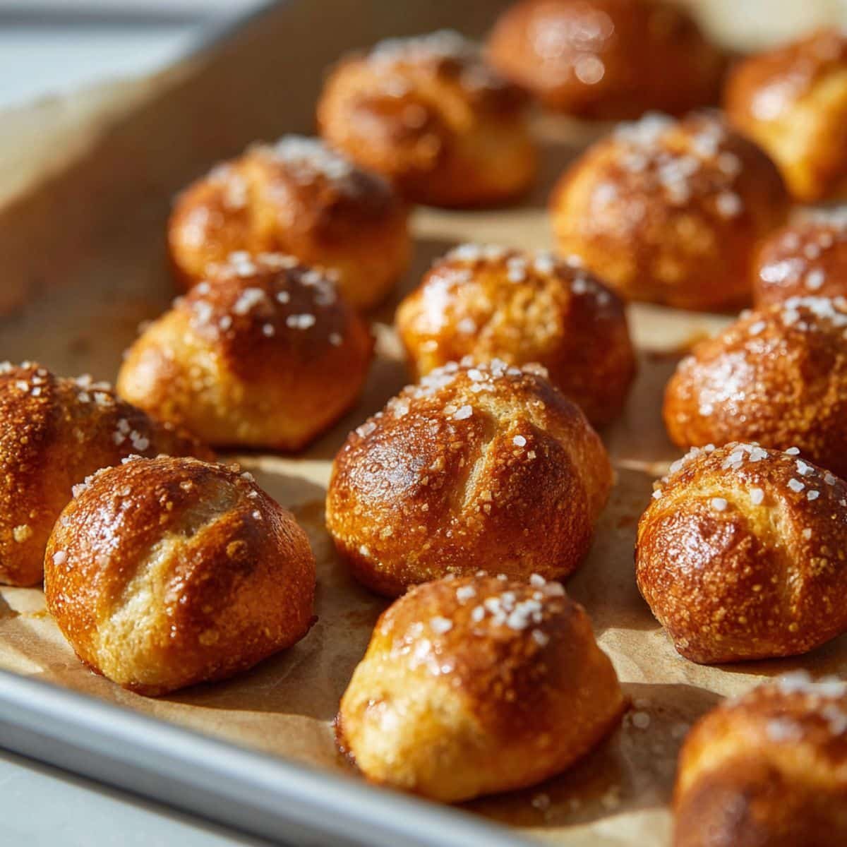 Freshly baked golden sourdough pretzel bites on baking sheet	