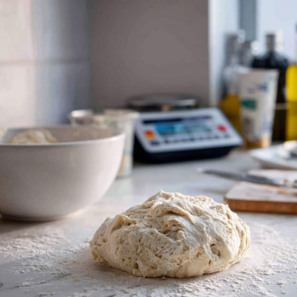 Kneading sourdough pretzel dough on floured white surface	