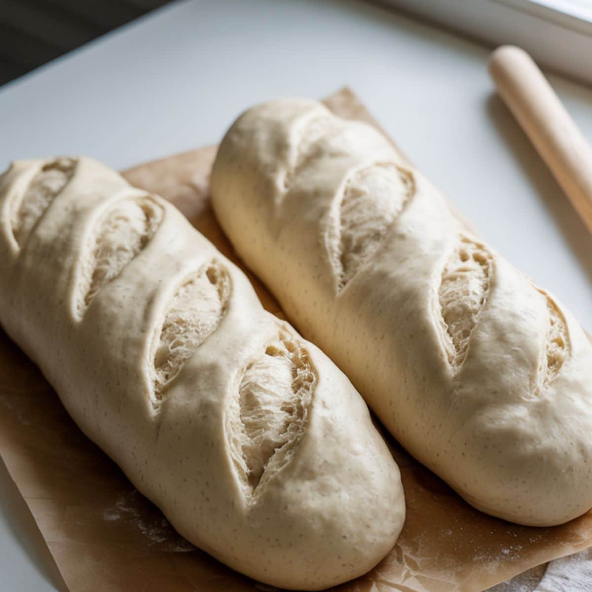 Shaped sourdough dough on parchment during first rise	