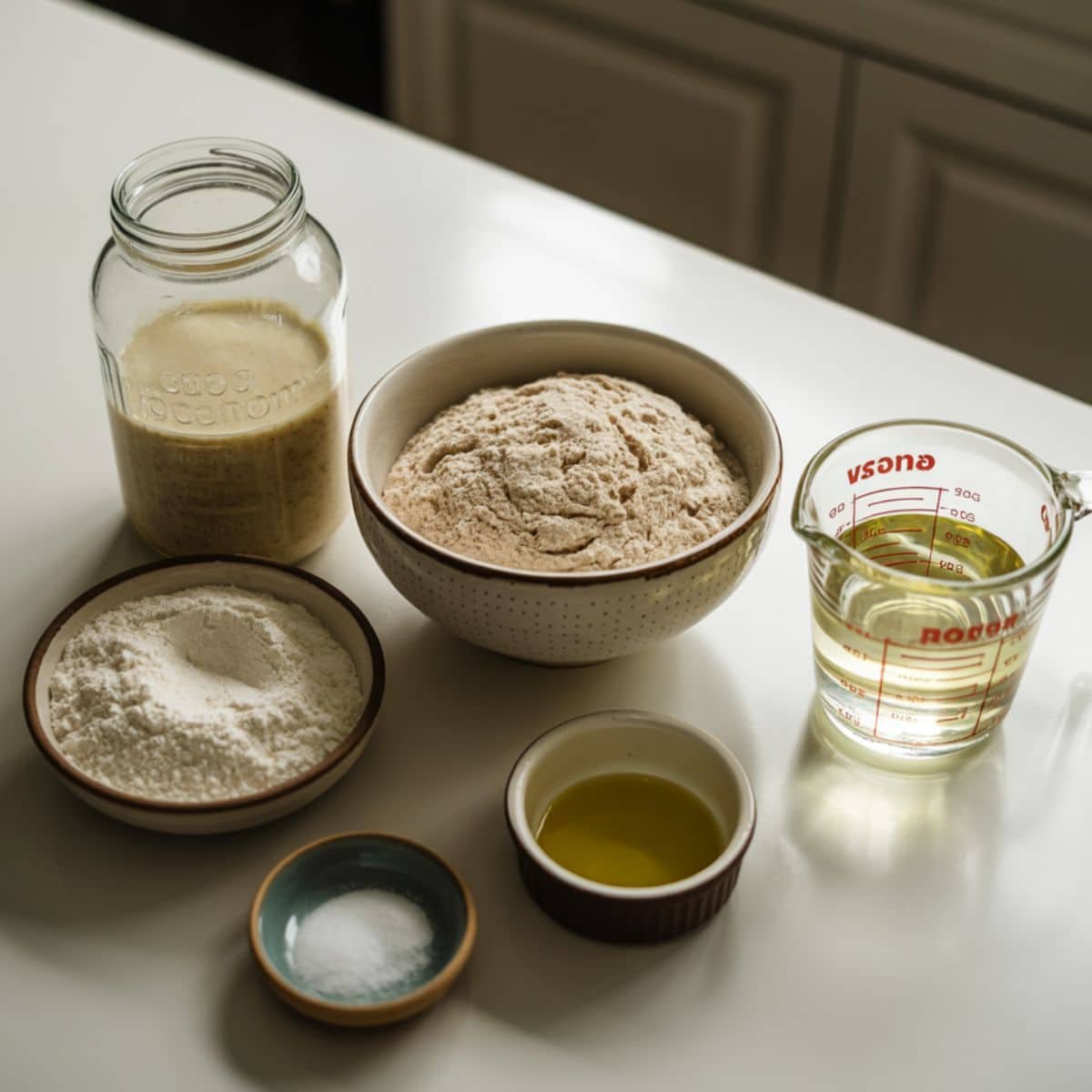 Ingredients for sourdough French bread measured on a white counter	