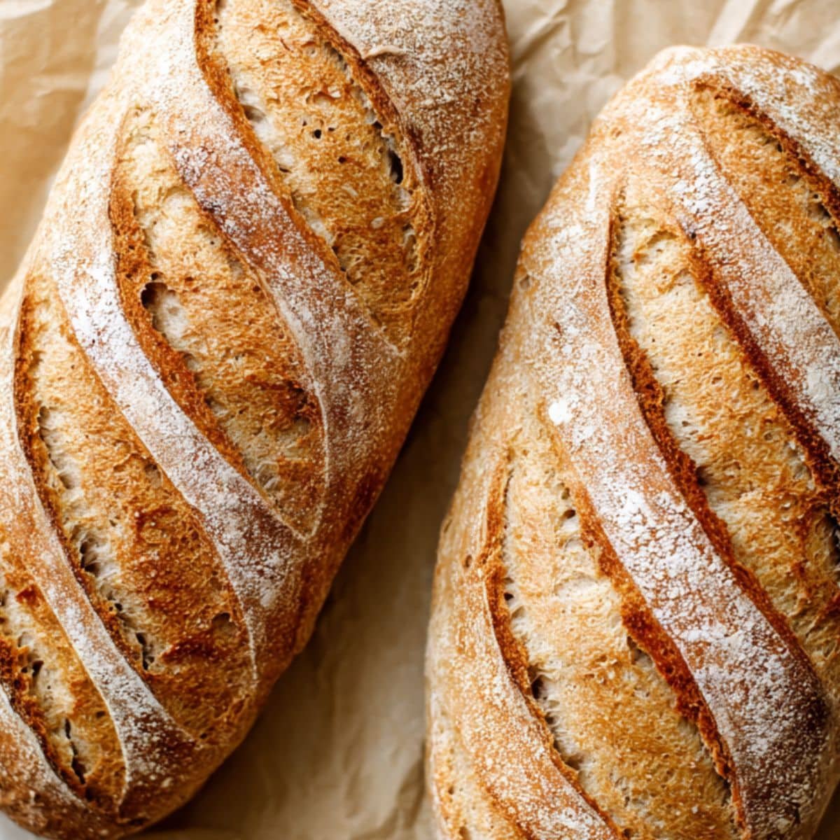 Scored sourdough French bread dough  baking on peper parchment	
