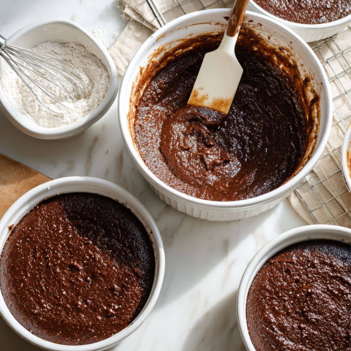 Mixing chocolate cake batter and preparing cake pans	
