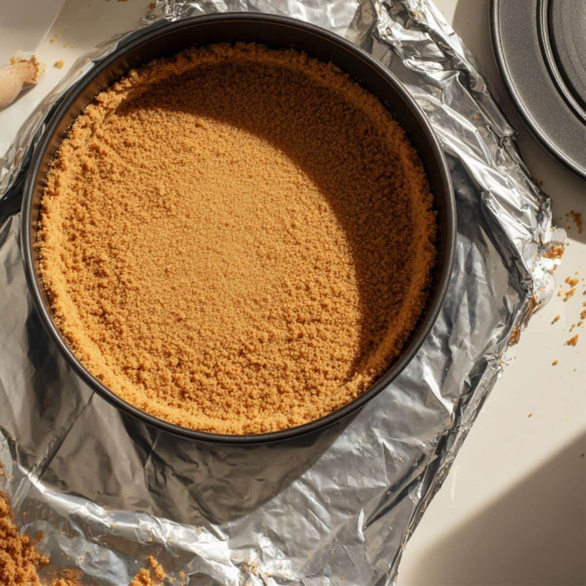 Crust mixture pressed into springform pan and placed on foil on white counter	