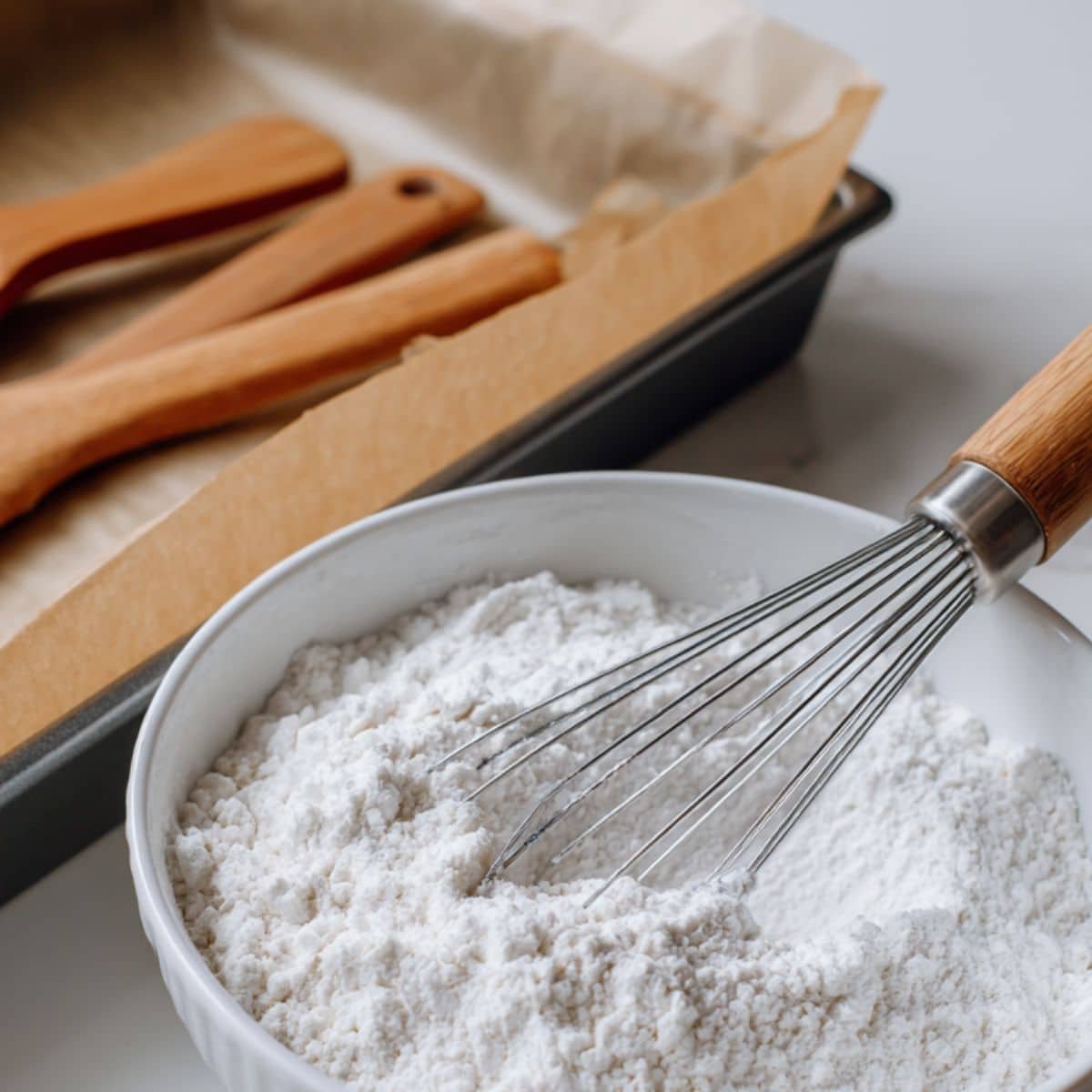 Dry ingredients and pan lined with parchment paper	