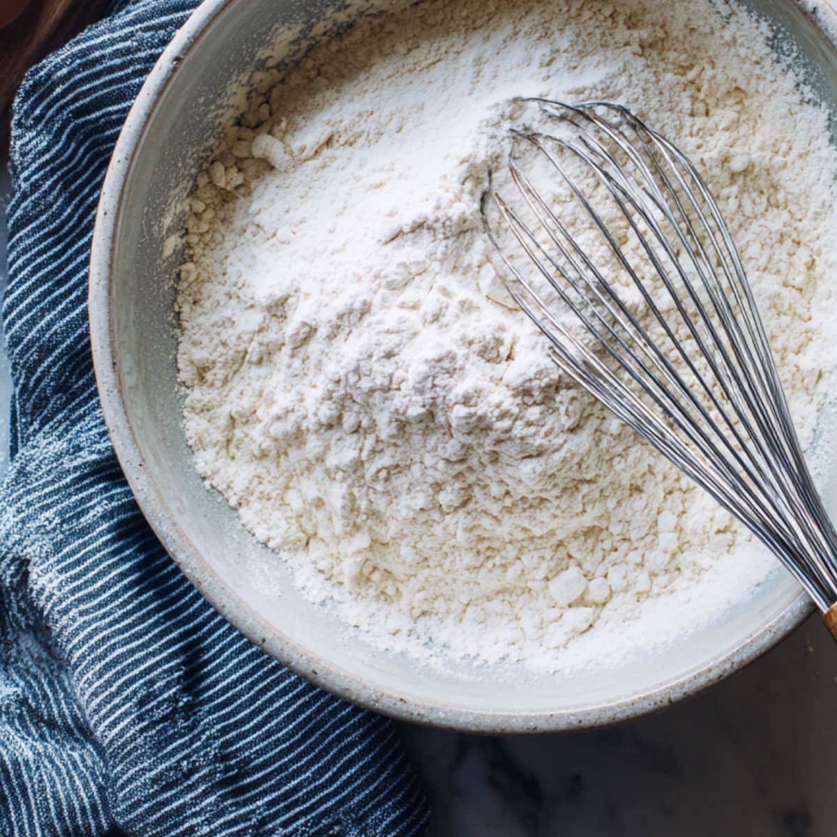 Dry ingredients being whisked together in a large bowl	