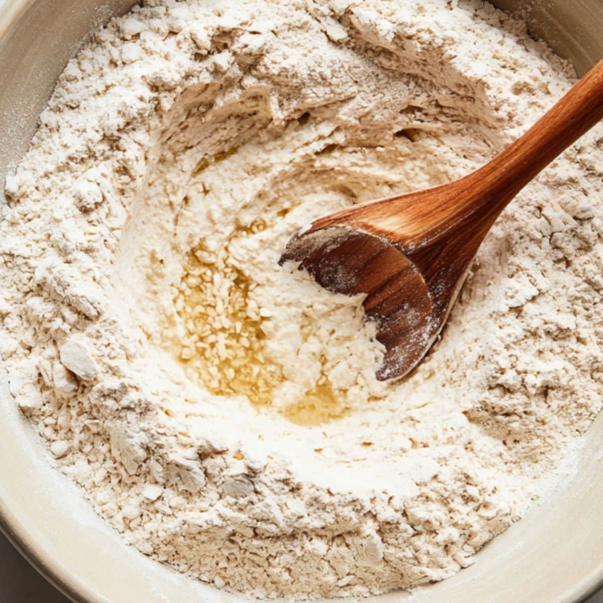 Mixing sourdough starter, warm water, and flour in a bowl
