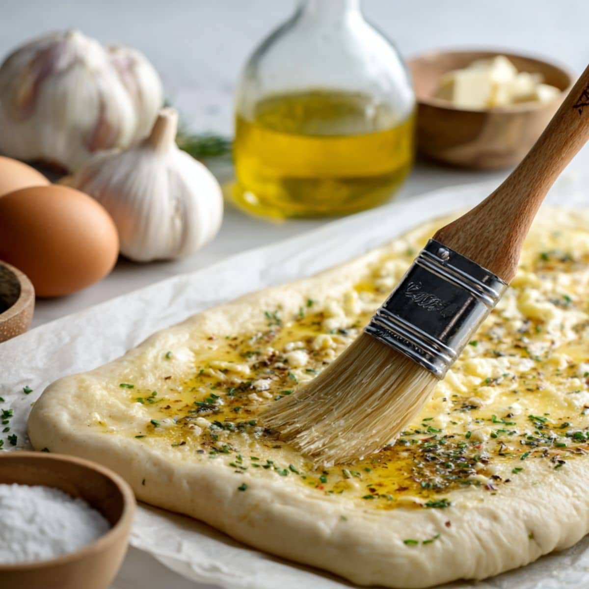 Rolling out pizza dough and brushing garlic butter	